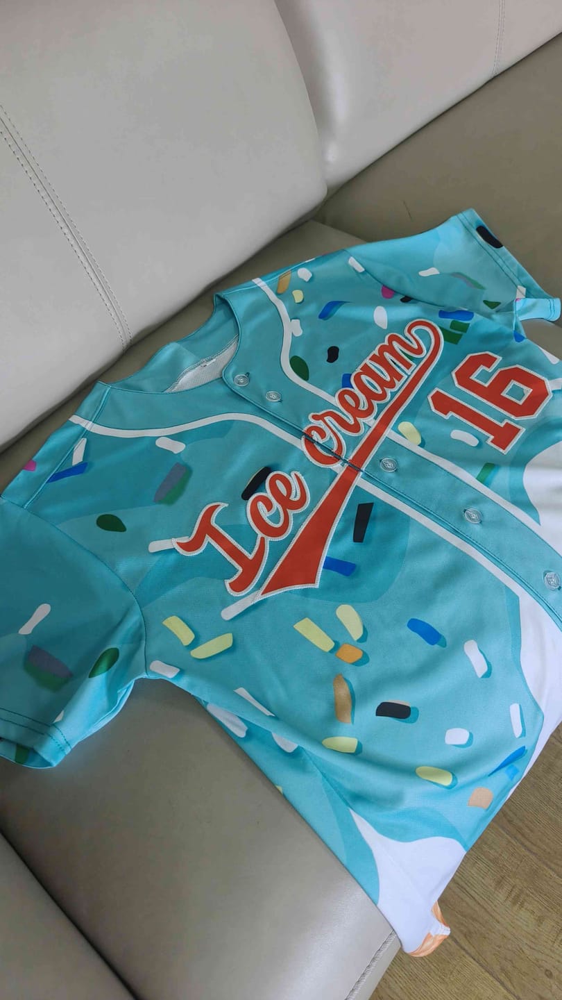 Customer photo review of Custom Pink Ice Cream Cone Graffiti Pattern Fashion Authentic Baseball Jersey