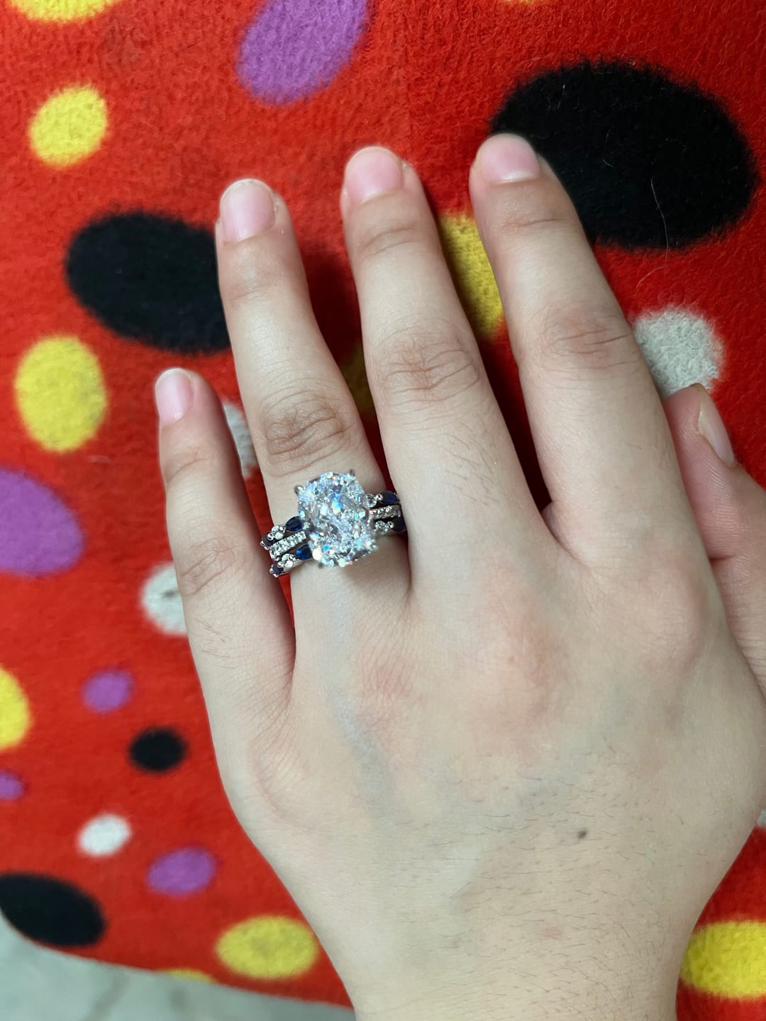 Customer photo review of S925 6.5Ct Cushion Cut Insert Wedding Ring Set With Unique White & Blue/Red Stone Engagement Ring Enhancer