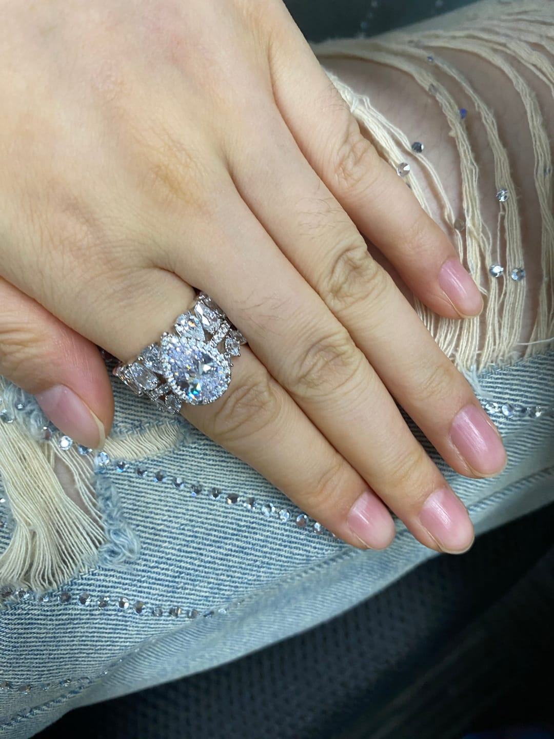 Customer photo review of S925 2.2 Carat Halo Pear Cut Wedding Ring Set With Two Luxurious Wedding Bands For Women