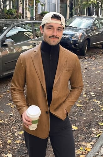 Customer photo review of Mens Camel Brown Leather Blazer Jacket