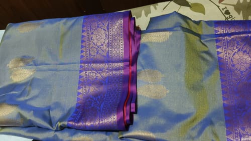 Customer photo review of Blue and Orange Golden Zari Banarasi Silk Saree