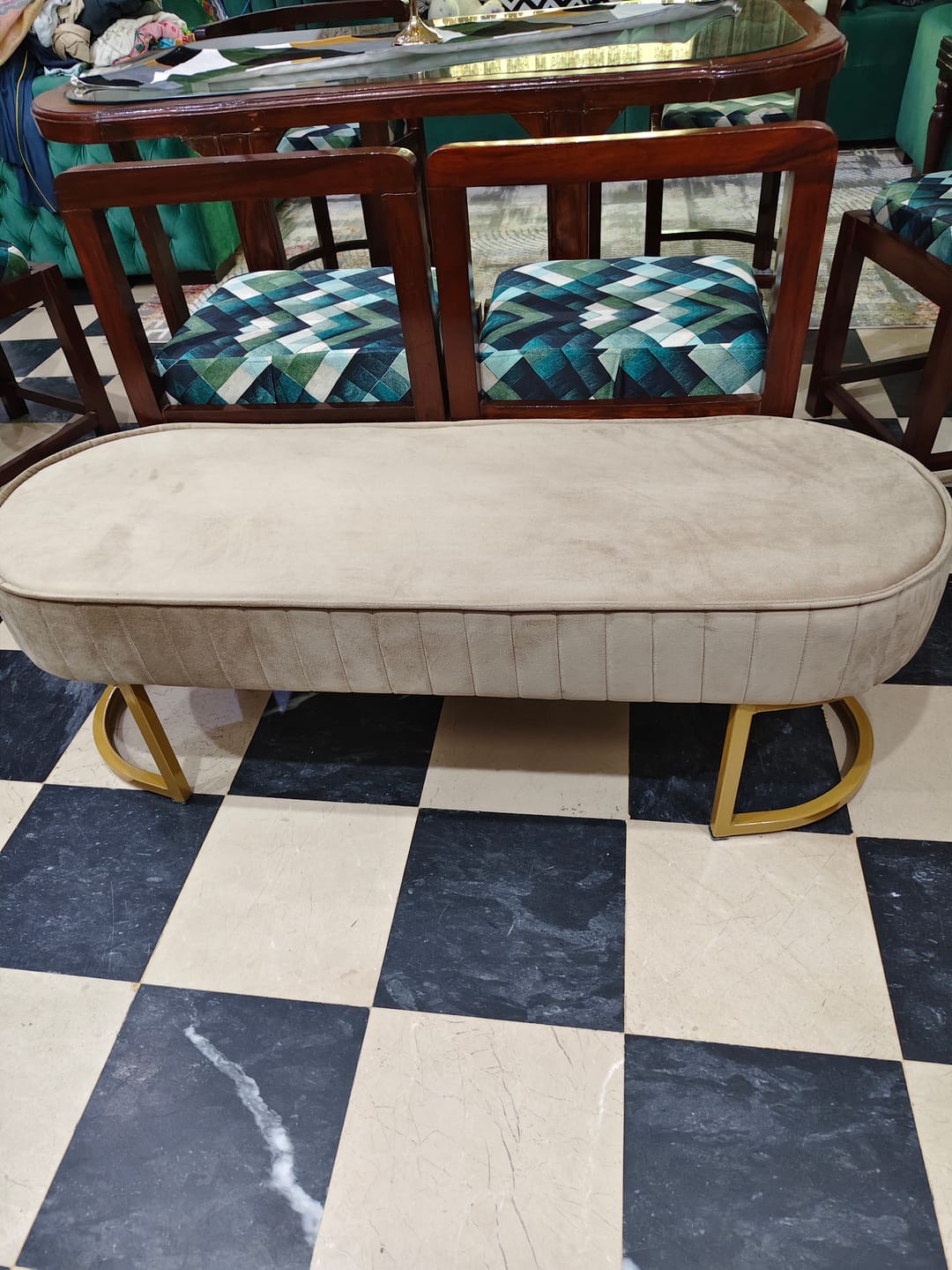 Customer photo review of 3 Seater Luxury Wooden Stool With Steel Stand -472