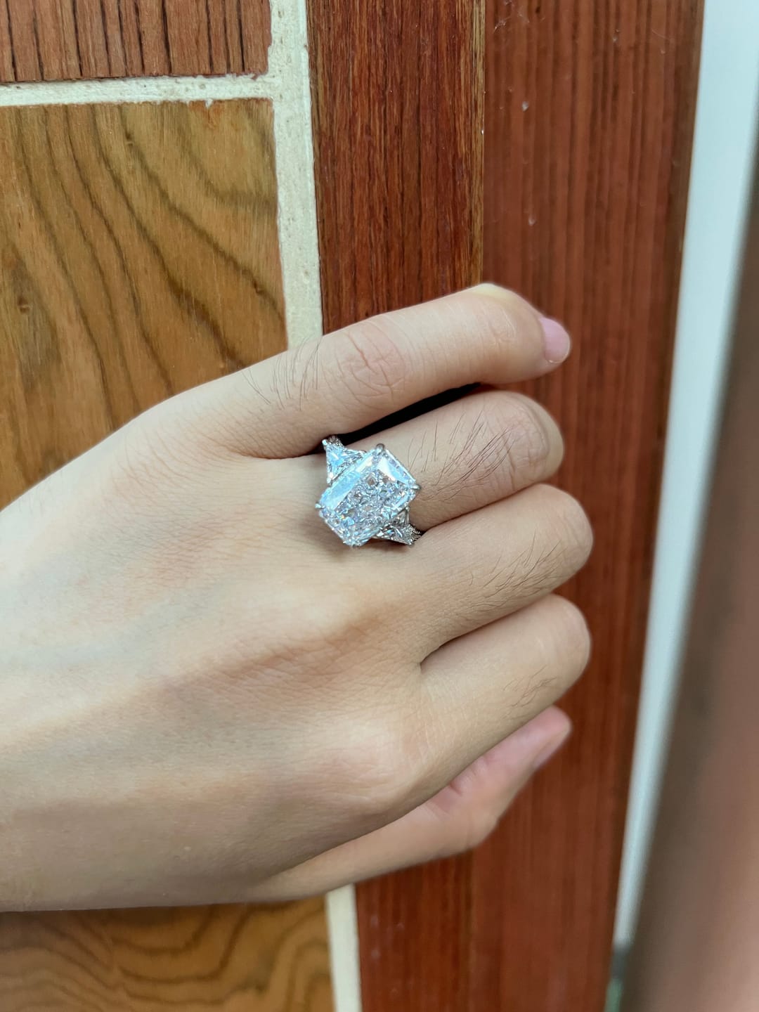 Customer photo review of S925 5.0 Carat Radiant Cut White/Pink Three Stone Engagement Ring With Hidden Halo For Everyday Wear