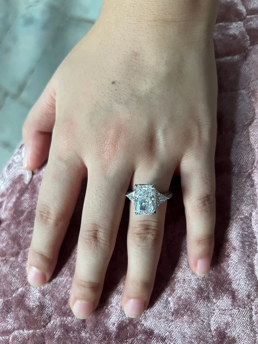 Customer photo review of S925 5.0 Carat Radiant Cut White/Pink Three Stone Engagement Ring With Hidden Halo For Everyday Wear