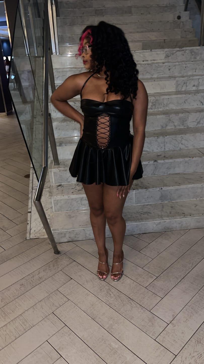 Customer photo review of Allison Faux Leather Corset Flare Mini Dress