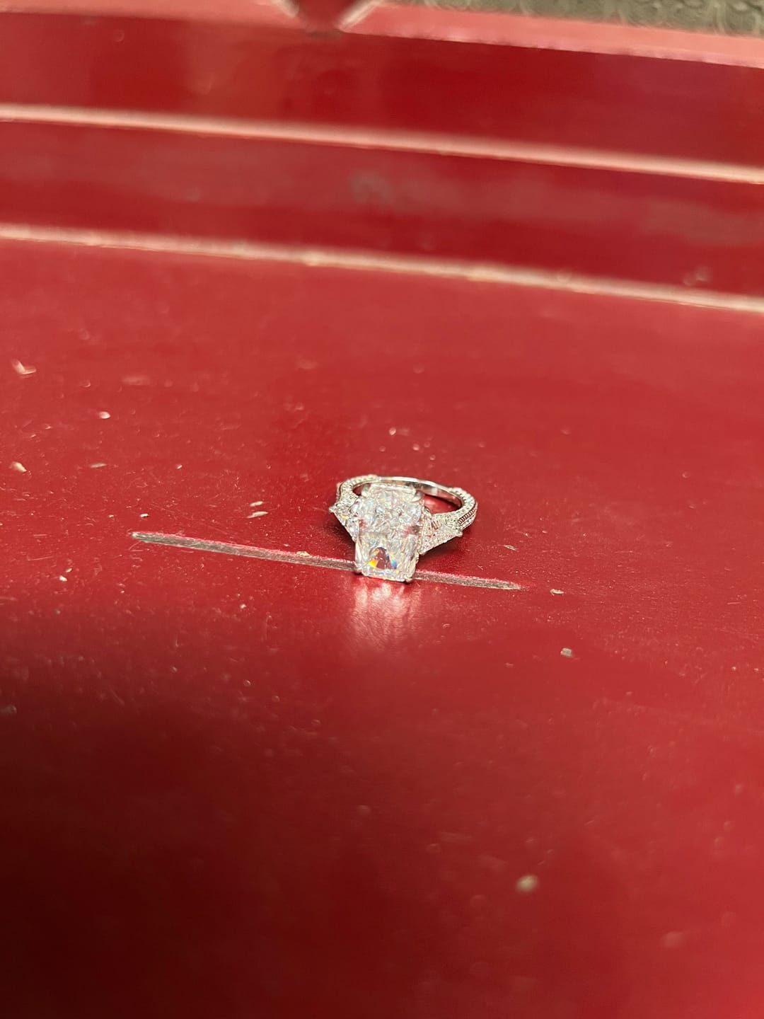 Customer photo review of S925 5.0 Carat Radiant Cut White/Pink Three Stone Engagement Ring With Hidden Halo For Everyday Wear