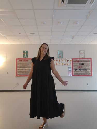 Customer photo review of Ruffle Trim Tiered Midi Dress