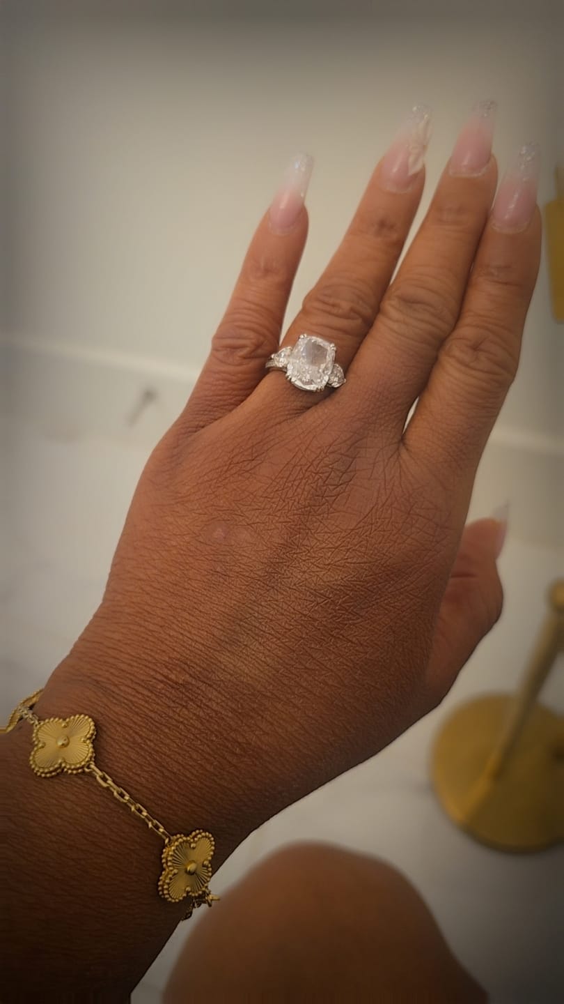 Customer photo review of S925 6.0Ct Cushion Cut Three Stone Engagement Ring Simulated or Moissanite Diamond Bridal Rings For Women