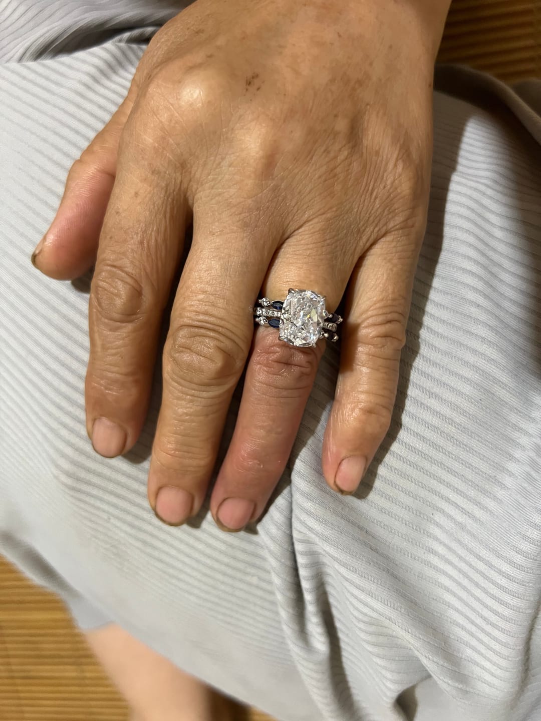 Customer photo review of S925 6.5Ct Cushion Cut Insert Wedding Ring Set With Unique White & Blue/Red Stone Engagement Ring Enhancer