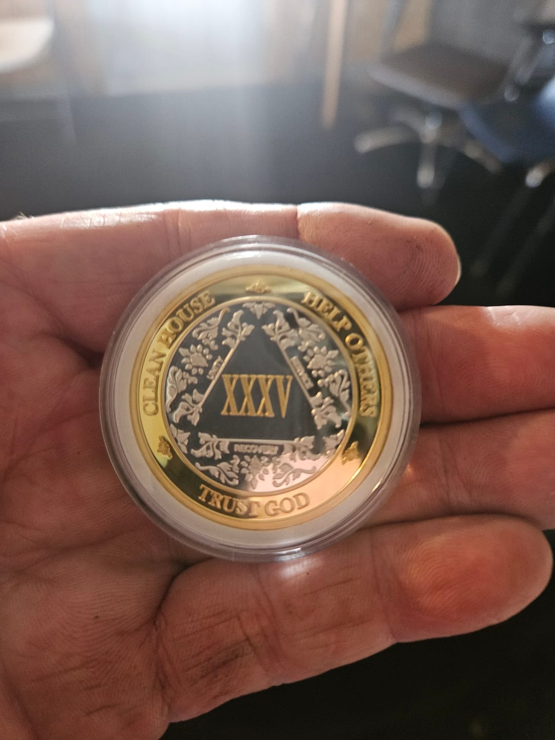 Customer photo review of 35 Year 40mm Gold & Silver AA Medallion - Bi-Plate Fancy Thirty-Five Year Chip/Coin