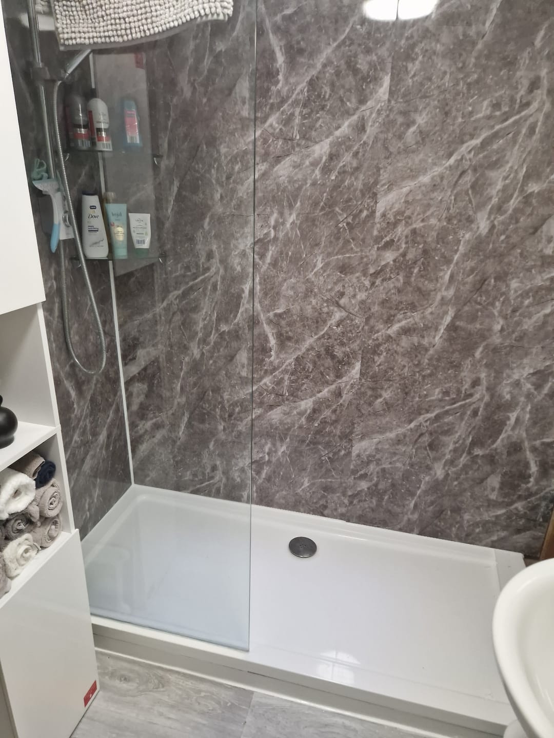 Customer photo review of Premium Pietra Marble Gloss Shower Wall Panel – 1M x 2.4M