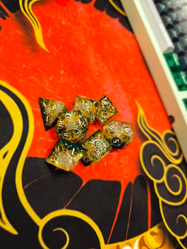 Customer photo review of URWizards D&D Resin Engraved Dice Set Mysterious Realm - Rocky Mountains Bow of Elven