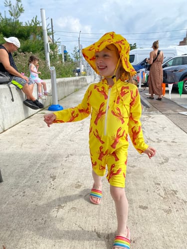 Customer photo review of Bright Lobster Unisex Long Sleeve Zip Swimmers