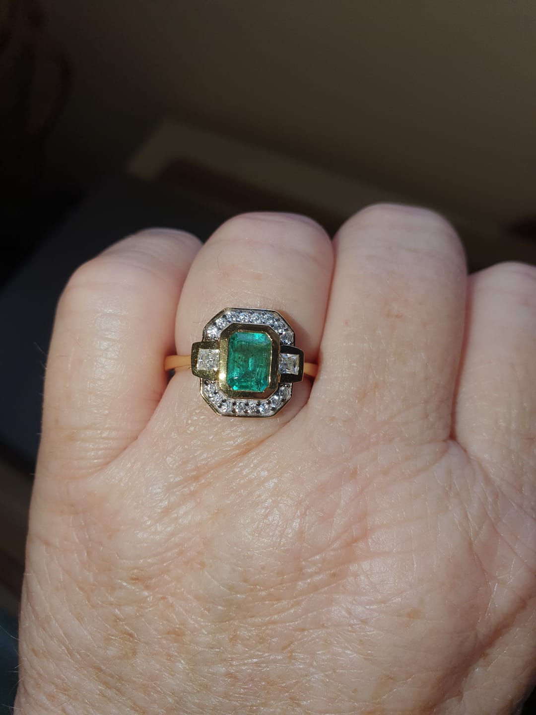Customer photo review of Grecian Octagon Emerald Halo Ring