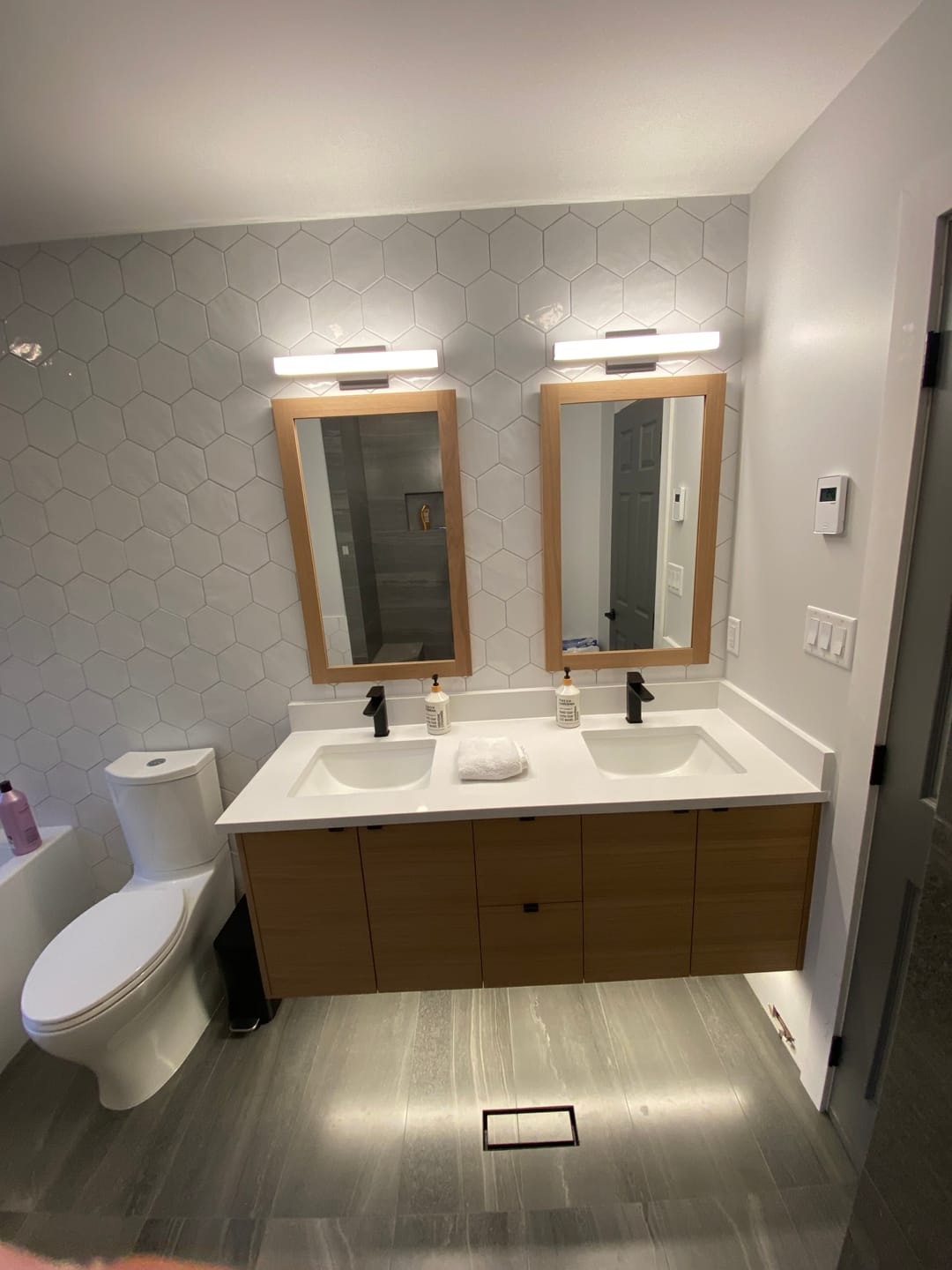 Customer photo review of Ashbury 60" Wall Mount Natural White Oak Bathroom Vanity, Double Sink