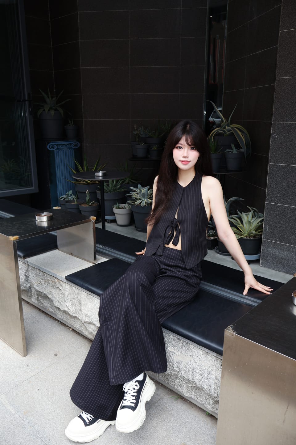 Customer photo review of ROVENTE Pinstripe Tailored Wide-Leg Pants