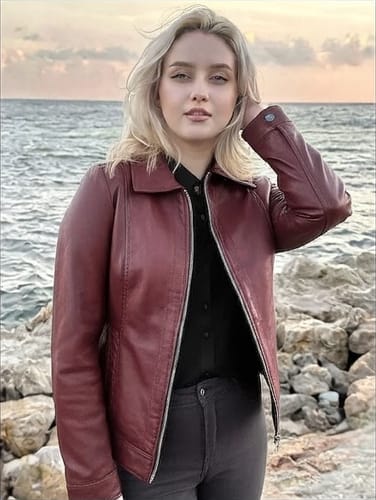 Customer photo review of Women's Burgundy Harrington Real Leather Jacket