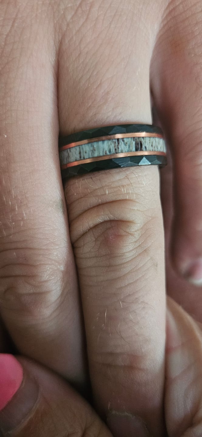 Customer photo review of Black Tungsten Hammered Ring with Antler & Rose Gold Inlay