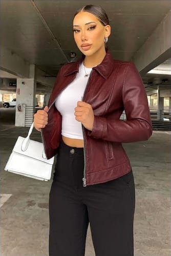 Customer photo review of Women's Burgundy Harrington Real Leather Jacket
