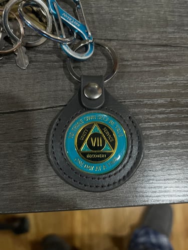 Customer photo review of Sobriety Mint Genuine Leather 34mm AA Medallion Keychain Holder - Recovery Chip/Coin/Token Holder - Dark Brown