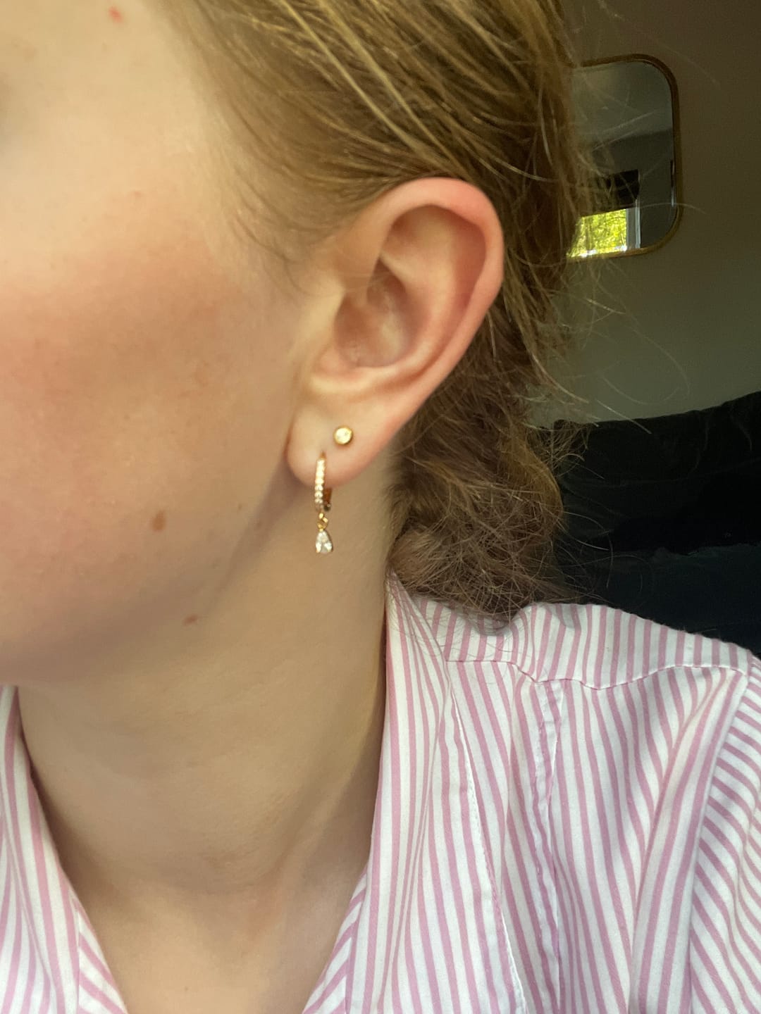 Customer photo review of Ottillie Crystal Gold Raindrop Huggie Earrings