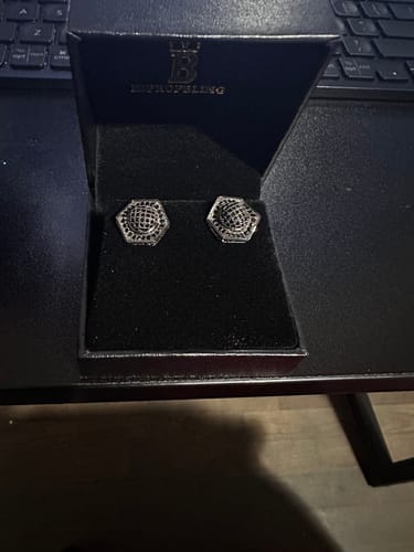 Customer photo review of 3D Domed Hexagon Black CZ Hip Hop Earrings