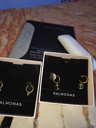 Customer photo review of Athena Solitaire Hoop Earrings