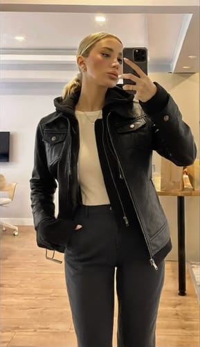 Customer photo review of Tall Women's Black Motorcycle Leather Jacket with Removable Hood