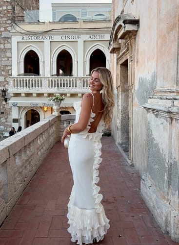 Customer photo review of Alisin Pleated Chiffon Wavy Ruffles Trim Slip Maxi Dress