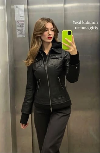 Customer photo review of Tall Women's Black Motorcycle Leather Jacket with Removable Hood