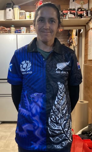 Customer photo review of Personalised New Zealand and Scotland Rugby Polo Shirt All Black Maori With Thistle Together LT14