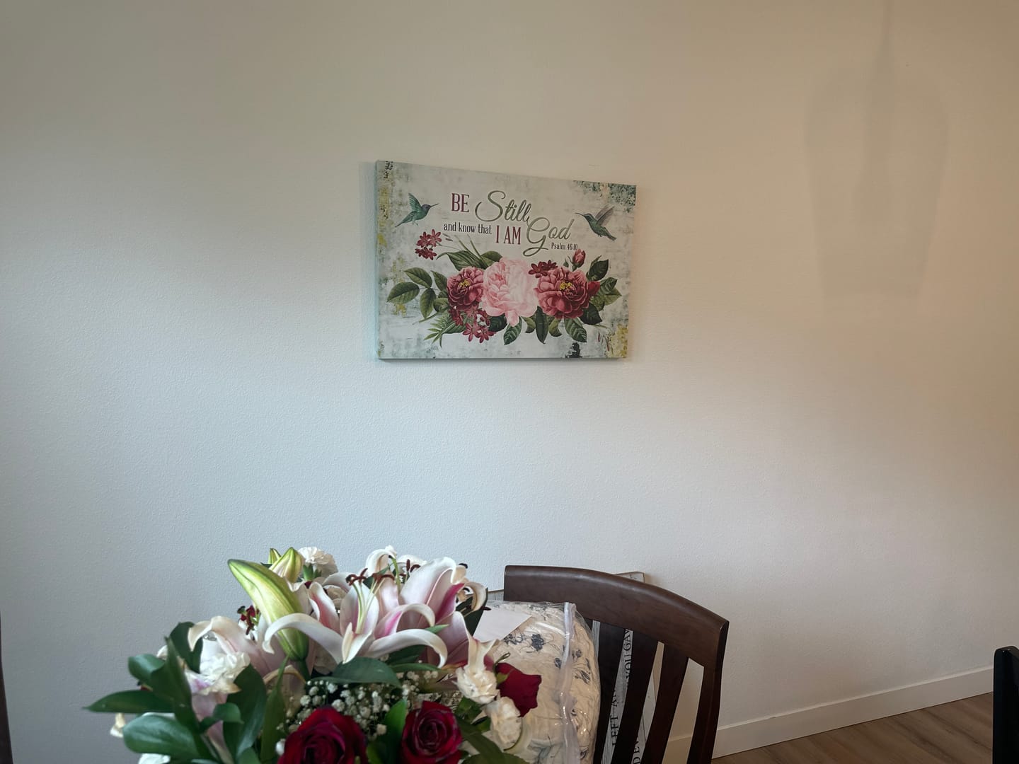 Customer photo review of Be Still and Know That I Am God, Vintage Flower Hummingbird, Wall art canvas