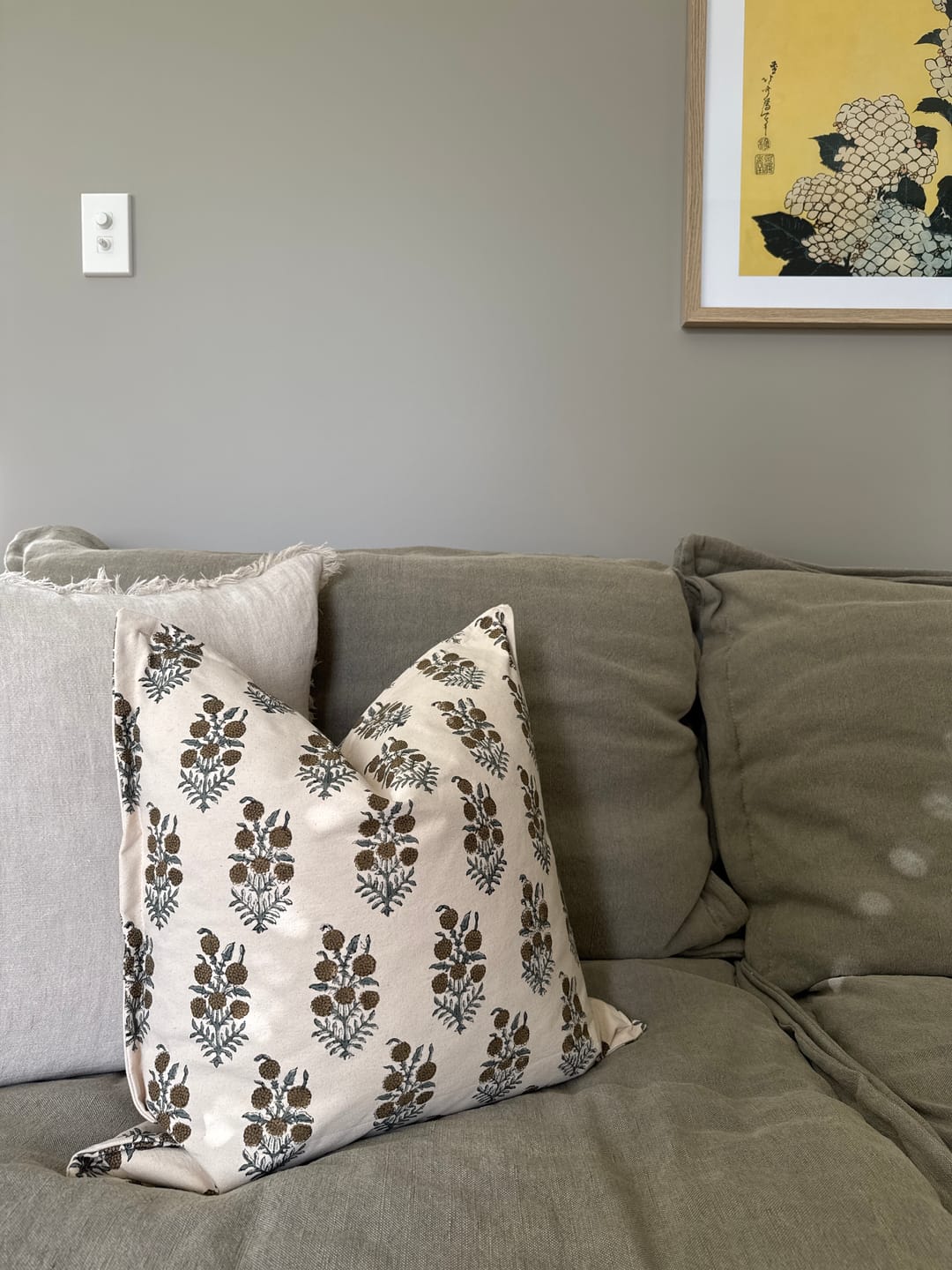 Customer photo review of Elsie Indian Block Print Pillow Cover - Tan, Sage, Natural