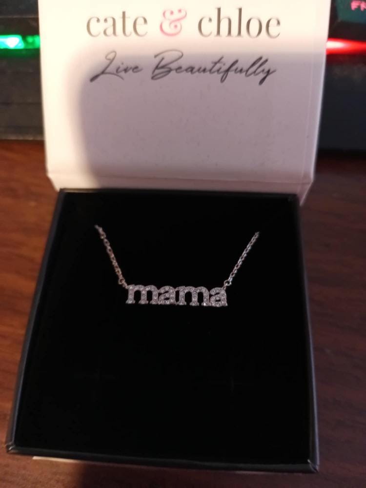 Customer photo review of Kelly 18k White Gold Plated Mama Necklace with Swarovski Crystals