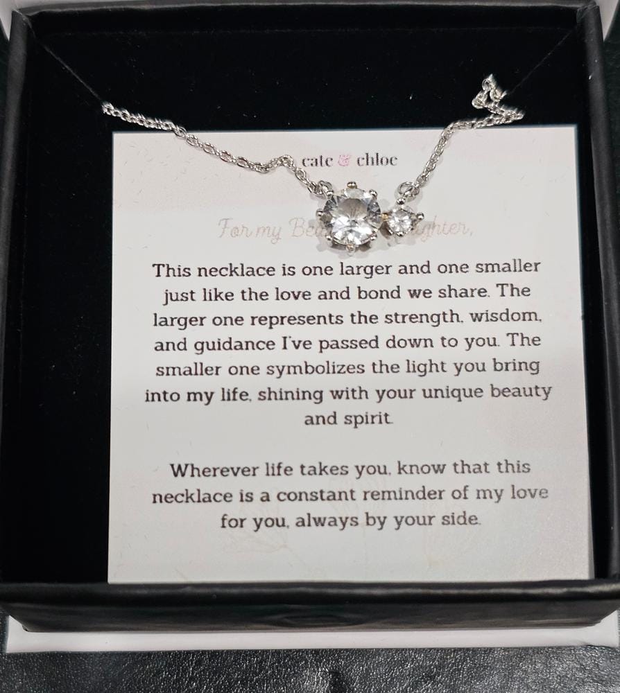 Customer photo review of Emma 18k White Gold Plated 2-Stone Pendant Necklace with Swarovski Crystals & Heartfelt Message for Daughter