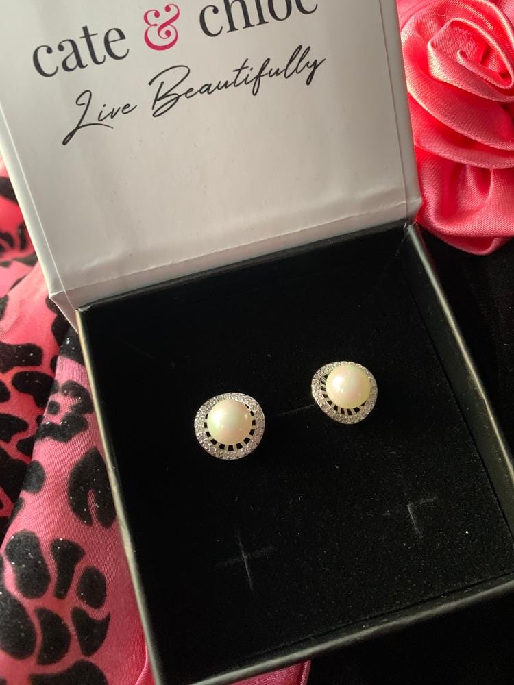 Customer photo review of Nina 18k White Gold Plated Pearl Halo Stud Earrings with Swarovski Crystals