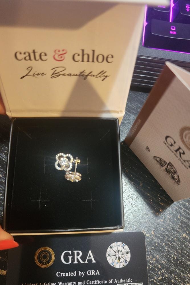 Customer photo review of Moissanite by Cate & Chloe Charlotte 18k Gold Plated 925 Sterling Silver Stud Earrings 1.28tcw