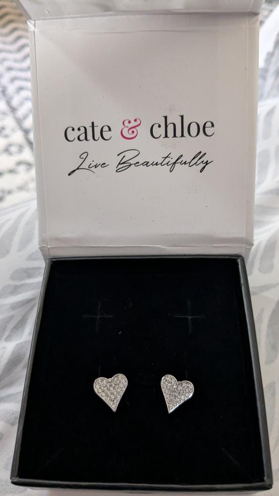 Customer photo review of Cecilia 18k White Gold Plated Silver Heart Stud Earrings with Swarovski Crystals