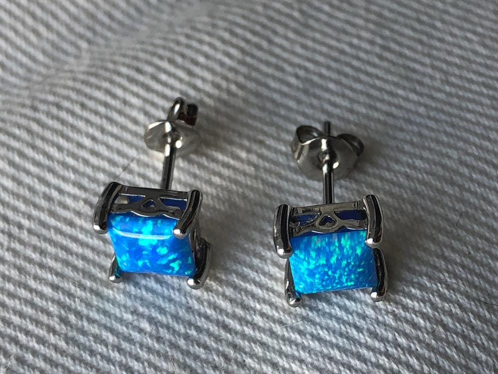 Customer photo review of Amphitrite 18k White Gold Plated Stud Earrings with Princess Cut Opal Stones