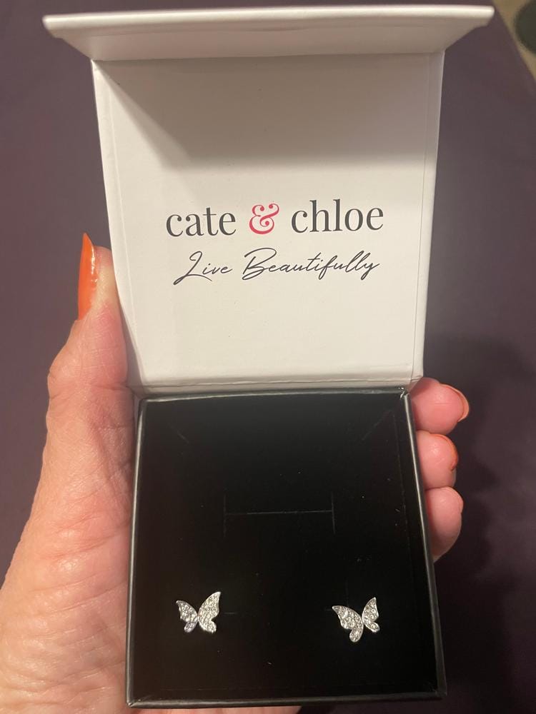 Customer photo review of Yuenen 18k White Gold Plated Silver Butterfly Stud Earrings with Swarovski Crystals