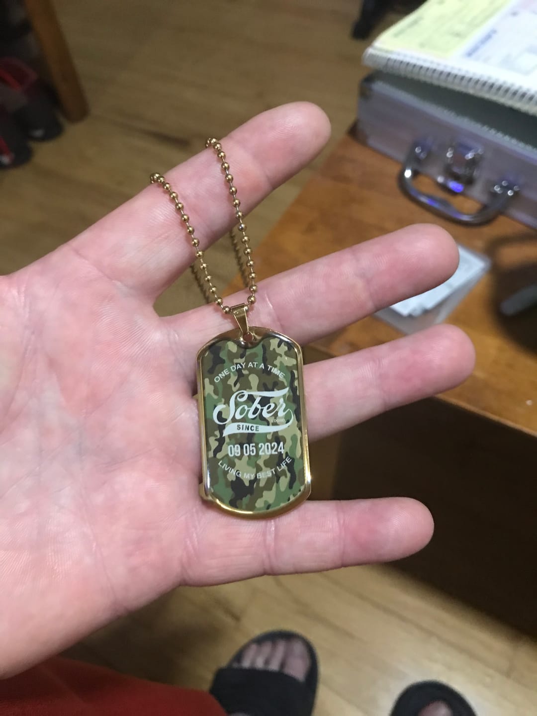 Customer photo review of Sobriety Gift | Camo Dog Tag Necklace with Personalized Date