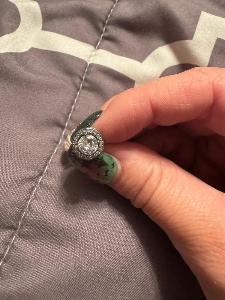 Customer photo review of Gwendolyn 18k White Gold Plated Halo Stud Earrings with Round Cut Simulated Diamond Crystals - Final Sale