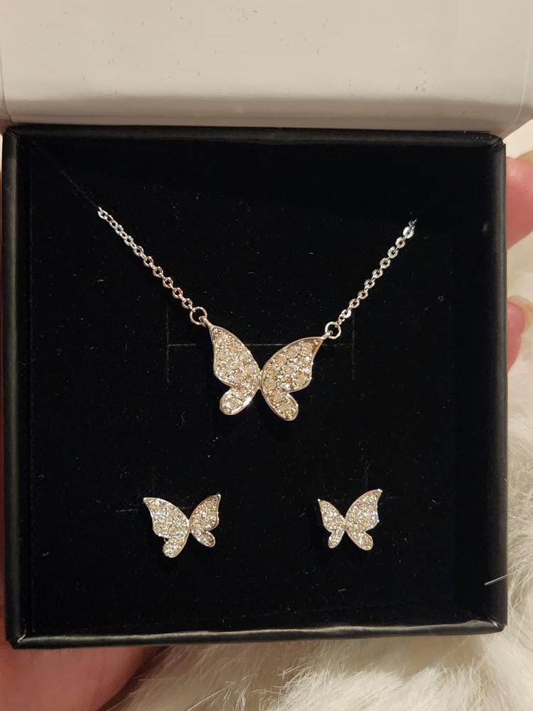 Customer photo review of Yuenen 18k White Gold Plated Silver Butterfly Necklace and Earring Set with Swarovski Crystals