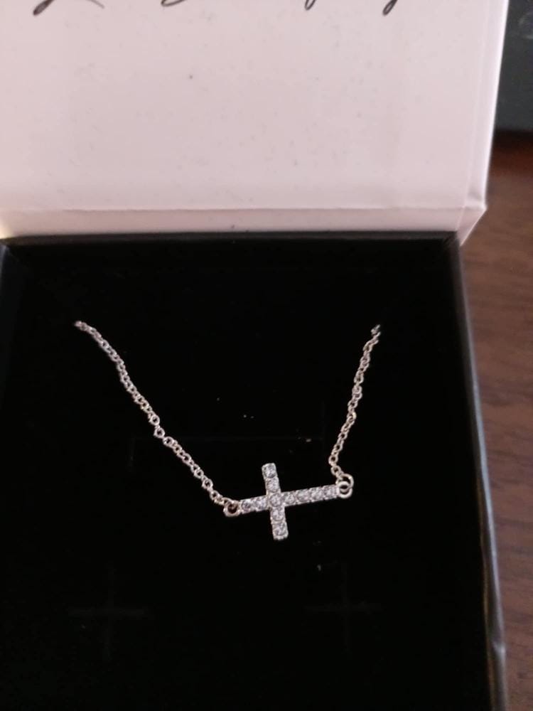 Customer photo review of Joy 18k White Gold Plated Cross Pendant Necklace with Swarovski Crystals