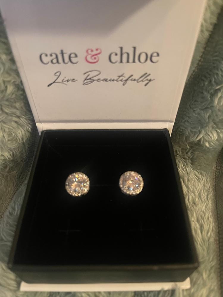 Customer photo review of Sophia 18k White Gold Plated Halo Stud Earrings with Round Cut Simulated Diamond Crystals