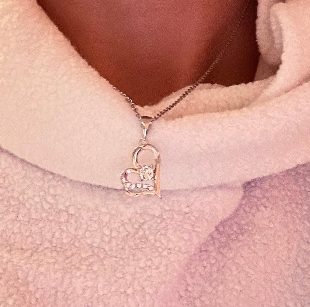 Customer photo review of Kara 18k White Gold Plated Silver Heart Necklace and Earring Set with Swarovski Crystals