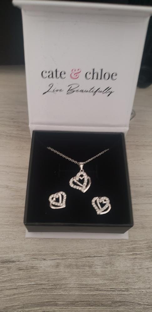 Customer photo review of Angela 18k White Gold Plated Double Heart Stud Earrings and Necklace Set with Swarovski Crystals