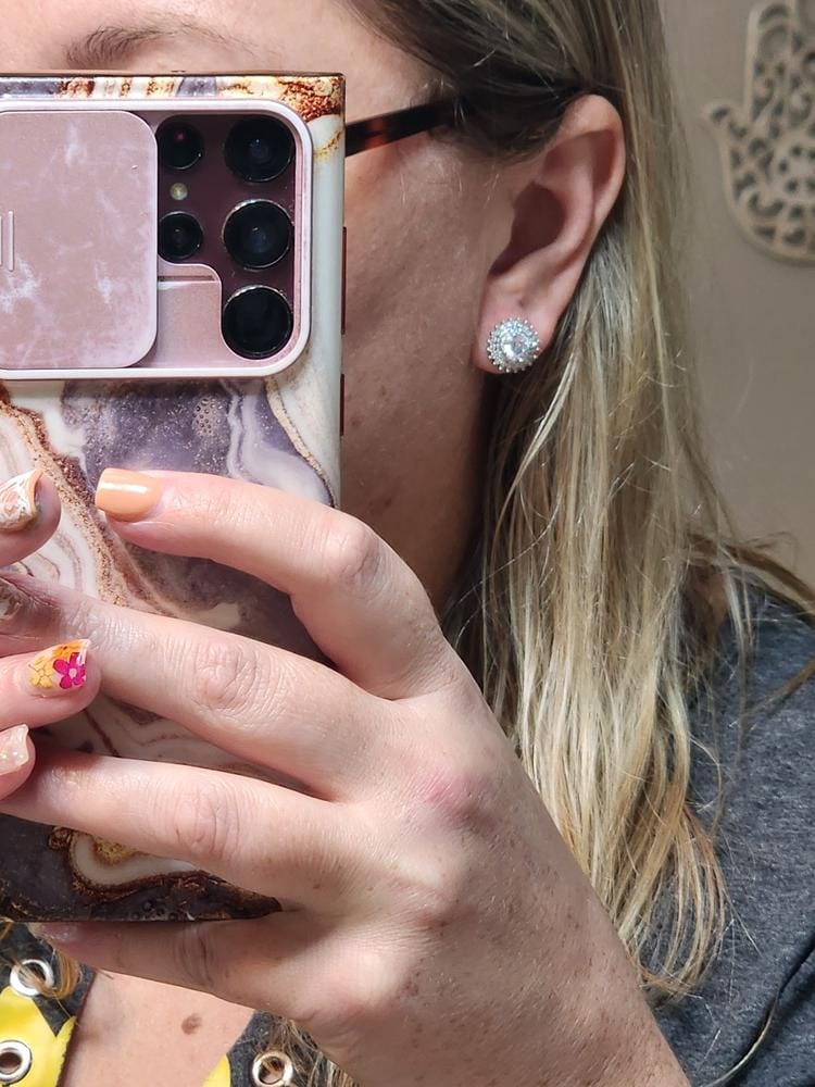 Customer photo review of Cordelia 18k White Gold Plated Stud Earrings with Round Cut Simulated Diamond Crystals - Final Sale