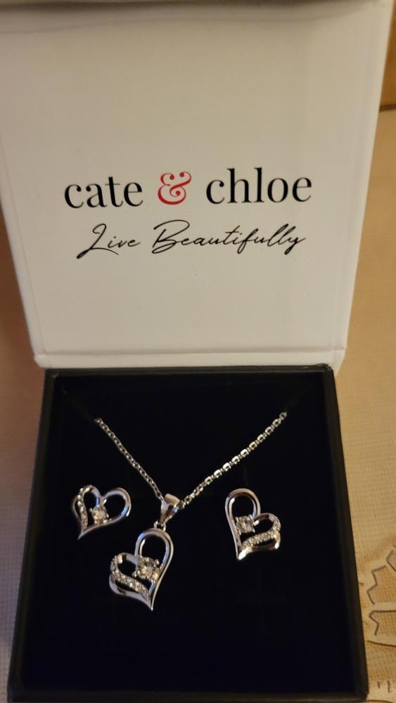 Customer photo review of Kara 18k White Gold Plated Silver Heart Necklace and Earring Set with Swarovski Crystals