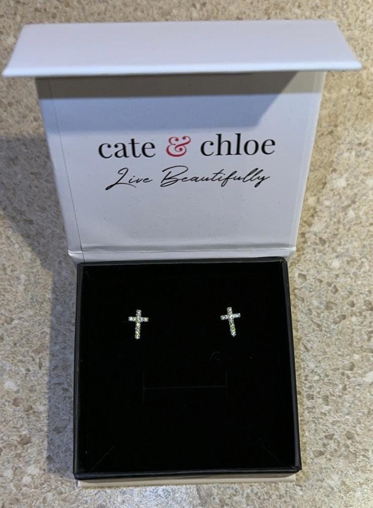 Customer photo review of Nayeli 18k White Gold Plated Silver Cross Stud Earrings with Swarovski Crystals